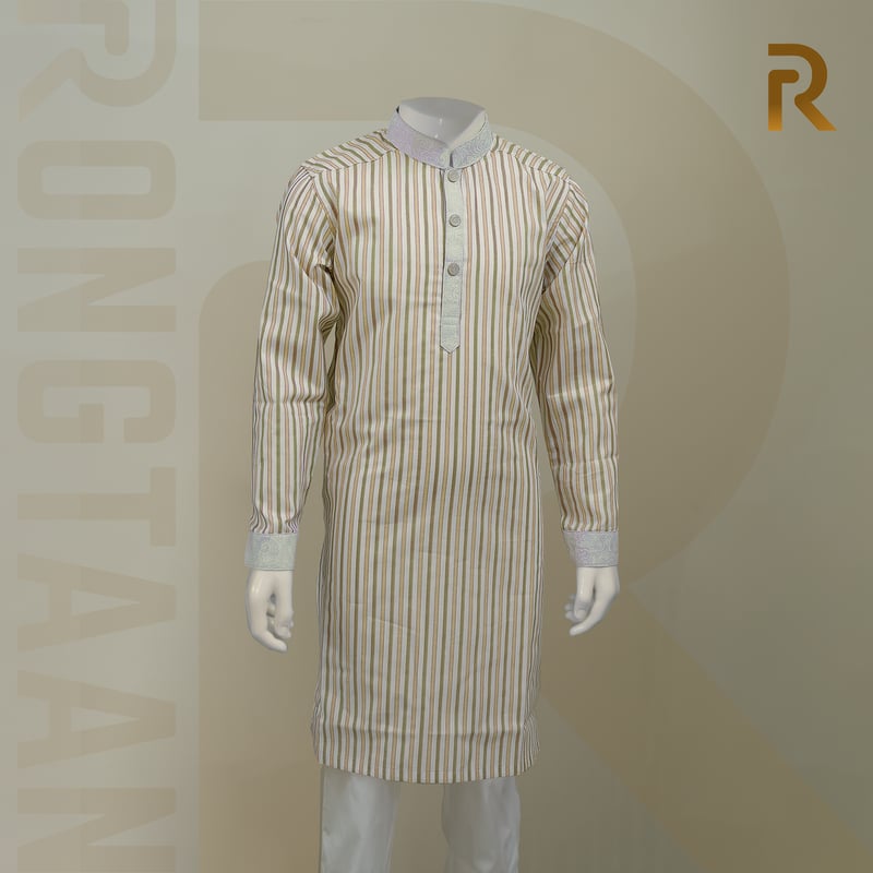 Classic Yellow Stripe with Contrast Print Design Premium Cotton Kid's Single Panjabi with Designer Snap Buttons